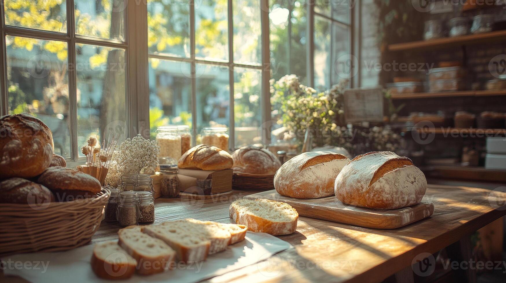fresh bread lies on the kitchen table photo