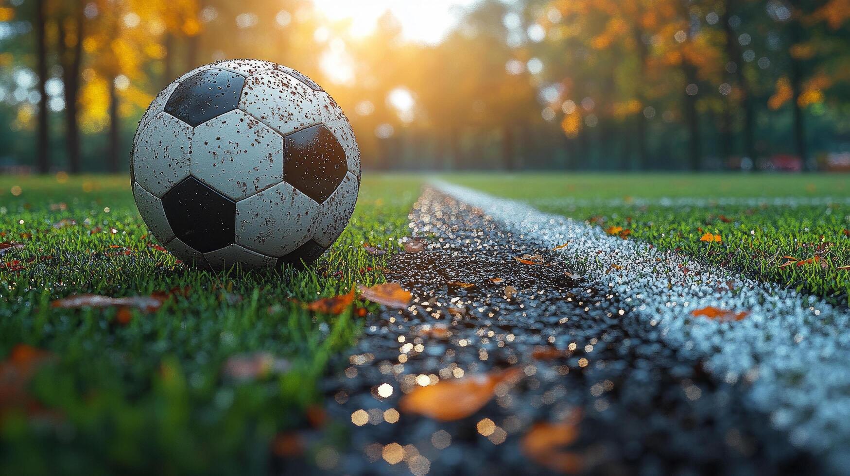 dirty soccer ball ling on soccer field photo