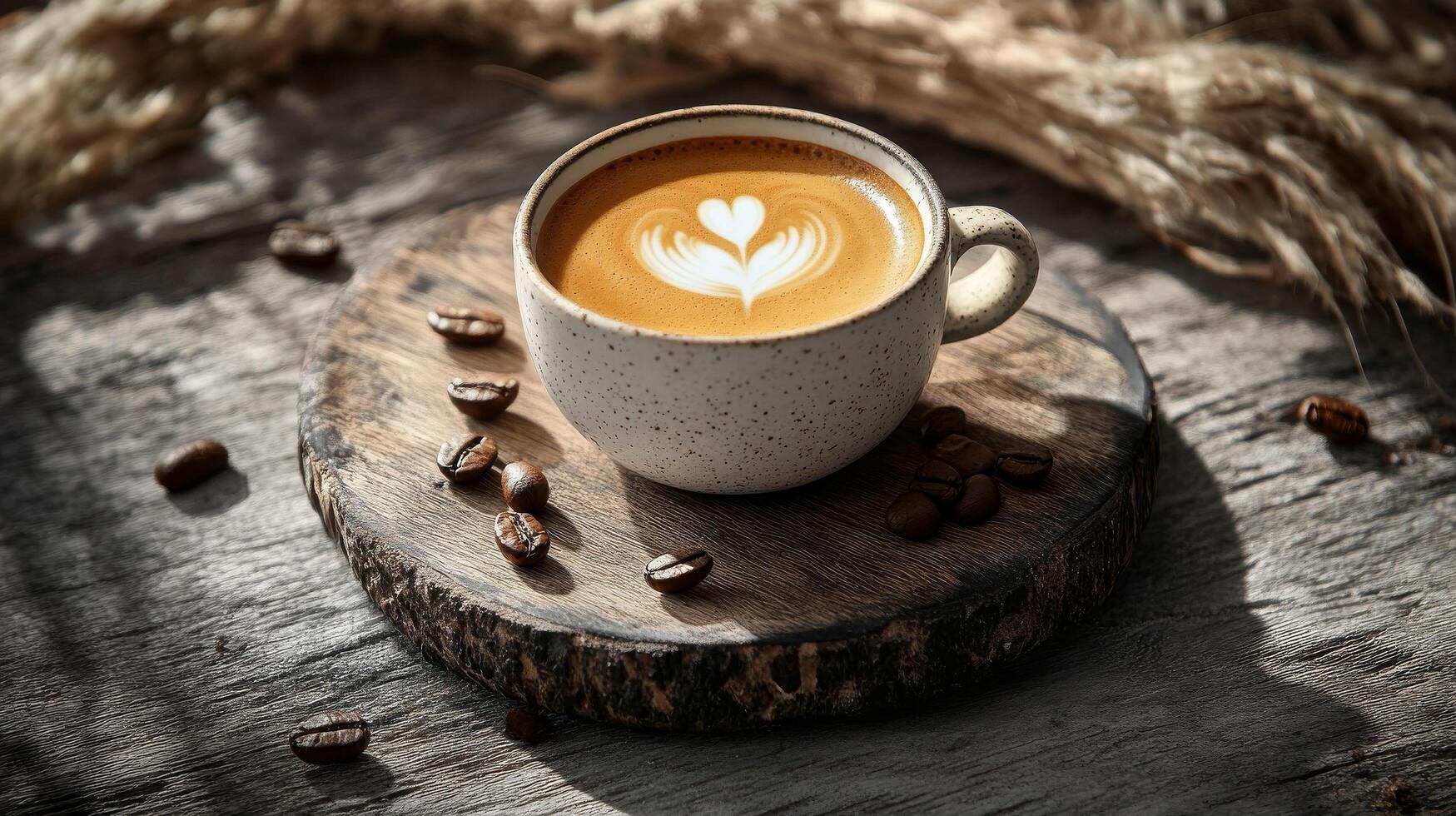 cappuccino stands on the table on a wooden stand photo
