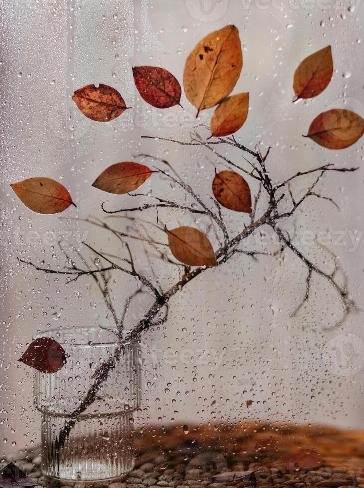a branch with yellow foliage stands outside a wet window photo