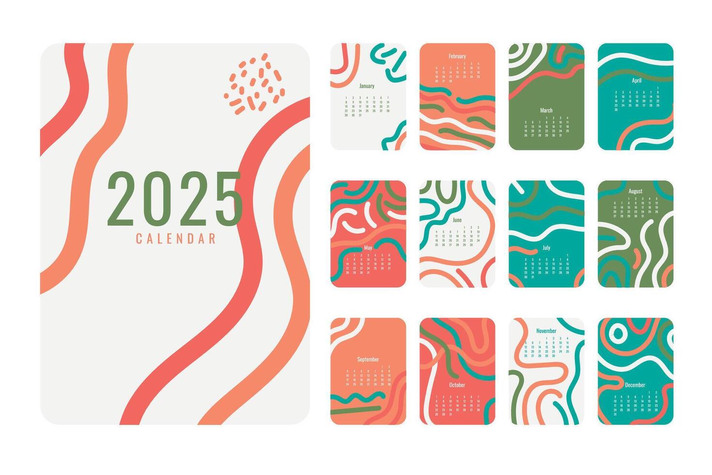 A set of 12 minimalist calendar cards for 2025, each featuring a unique abstract design in earthy tones. Perfect for planners, journals, and home decor. vector
