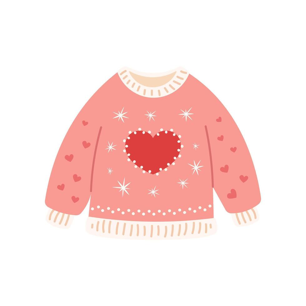 Knitted pink sweater with hearts and stars insulated. Cozy sweater for valentine's day. illustration on white background vector