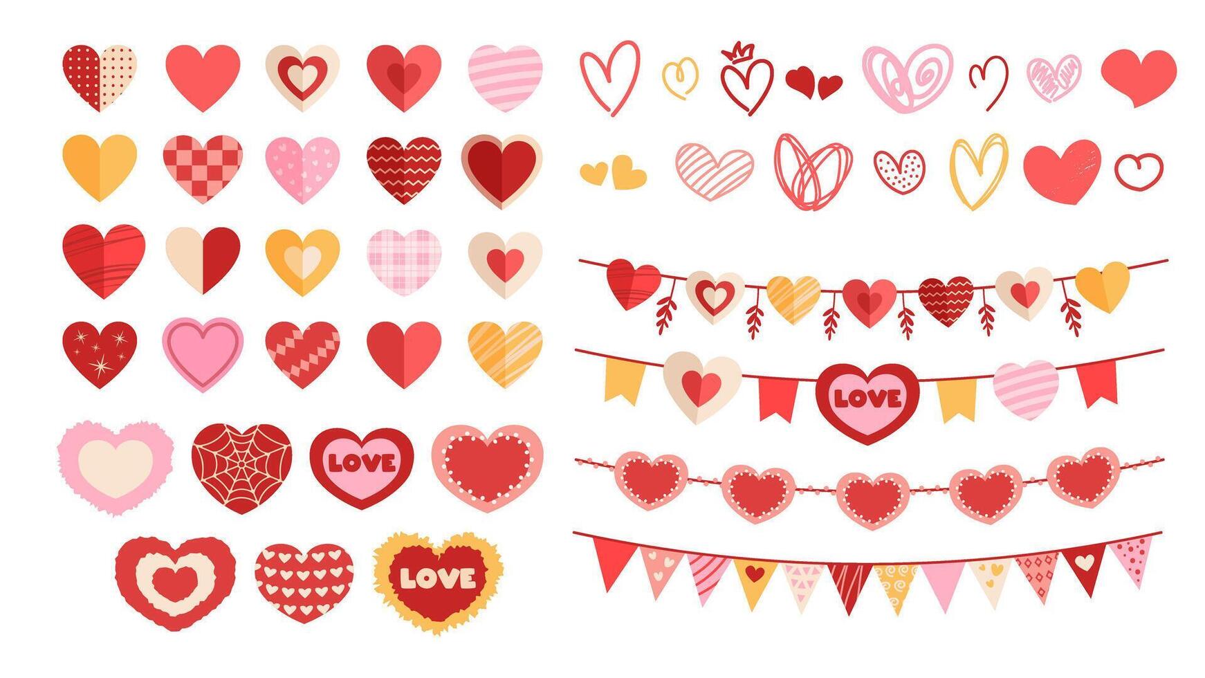 Set of flat hearts on white background. Simple hearts with patterns. Collection of elements for Valentine's Day vector