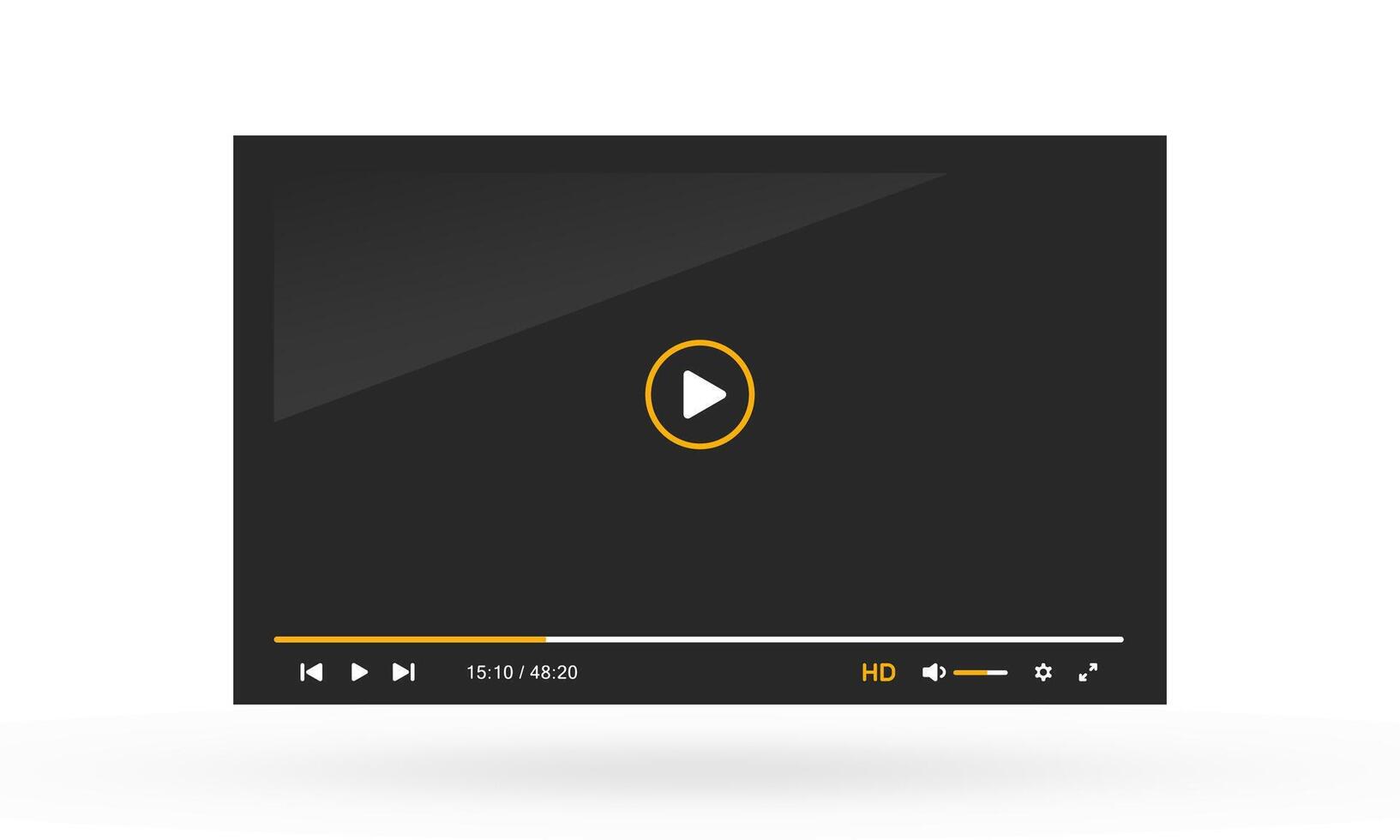 A modern player interface with a dark theme and orange accent color. The control bar contains timestamps, playback progress and icons for HD quality toggle, volume, settings and fullscreen vector