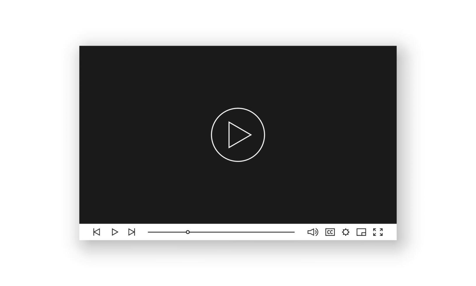 player interface with play button and control panel with progress slider, volume control, settings and fullscreen icons. Clean and modern minimalist design for multimedia platforms. vector