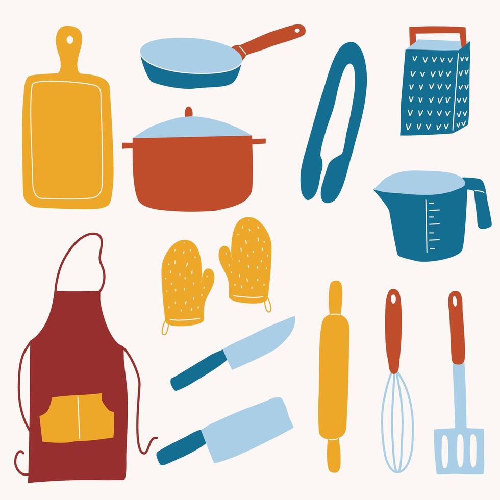 Hand Drawn Kitchen Utensils Set. Home Cooking Utensils Illustration. Simple Hand Drawn Cooking Items. Cozy Cooking Hand Drawn Collection vector