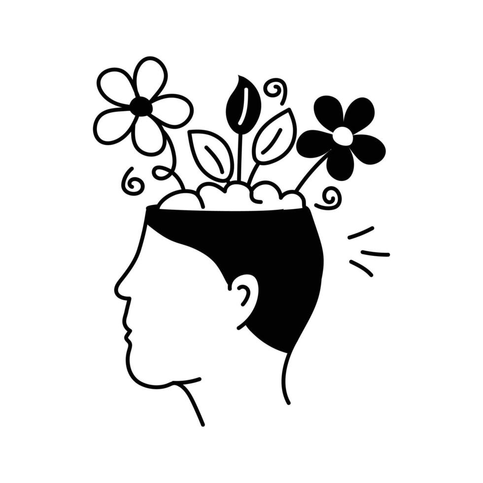 An icon of a person head and shoulders in profile, with flowers and leaves growing out of their mind vector