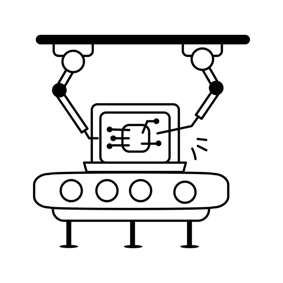 A stylized illustration of a futuristic automated system assembling a circuit board vector