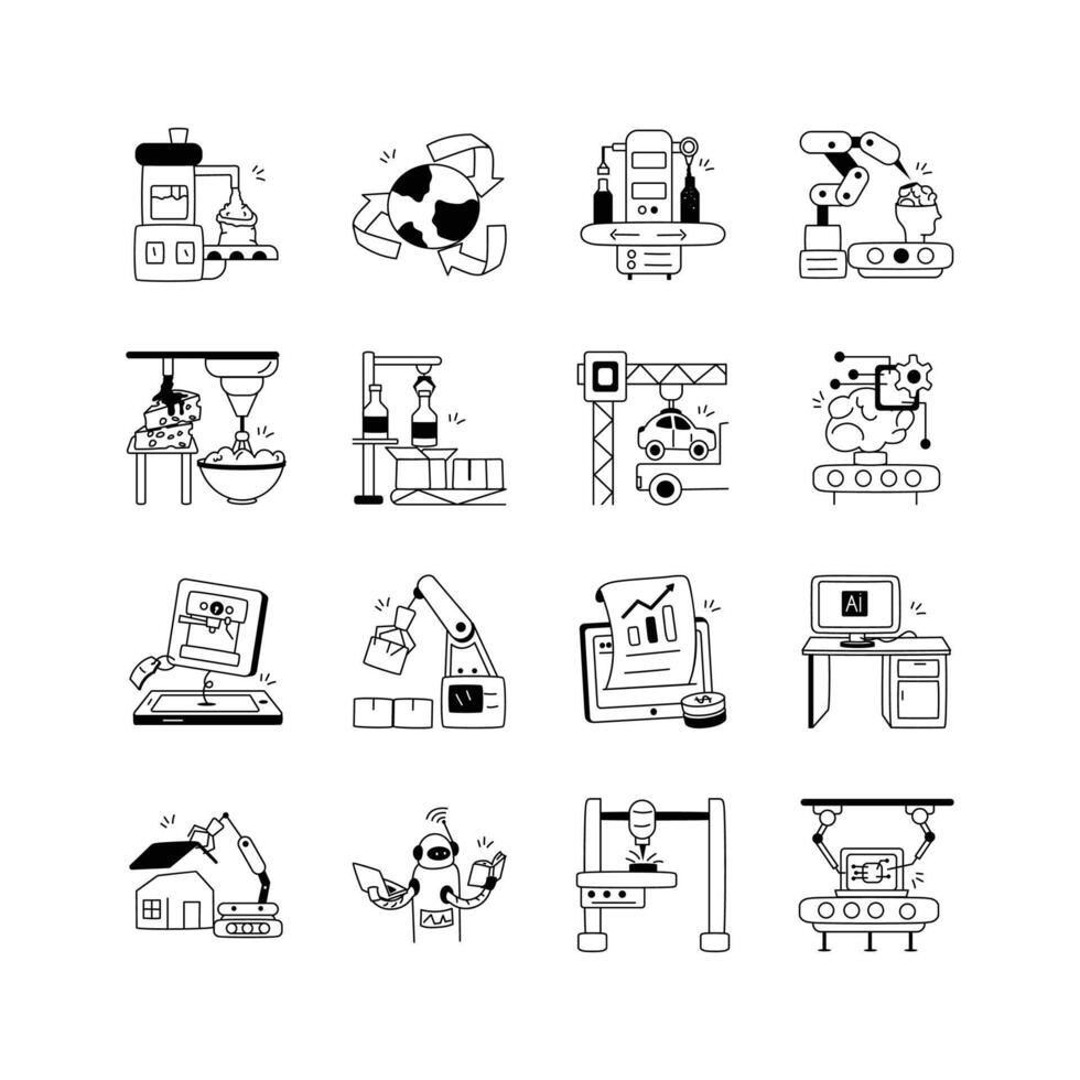 This set of black and white line icons depicts various aspects of modern manufacturing and technology vector