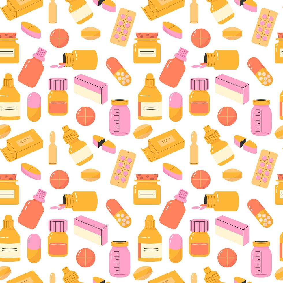 Seamless pattern with tablets, powders, suspensions, solutions, drops, ointments vector