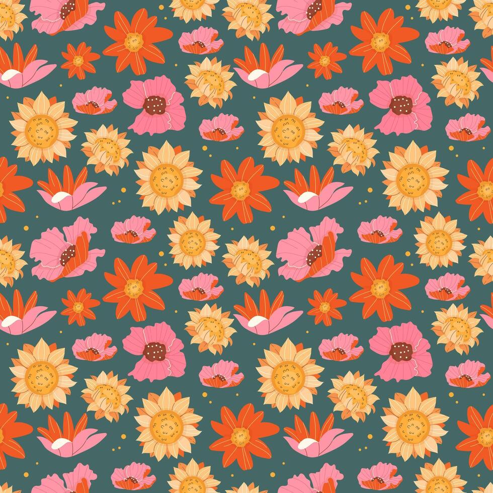 Floral seamless pattern with daisies, sunflowers, poppies on a dark background vector