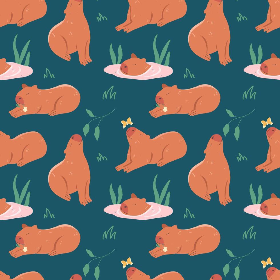 Capybara. Seamless pattern on a dark background vector