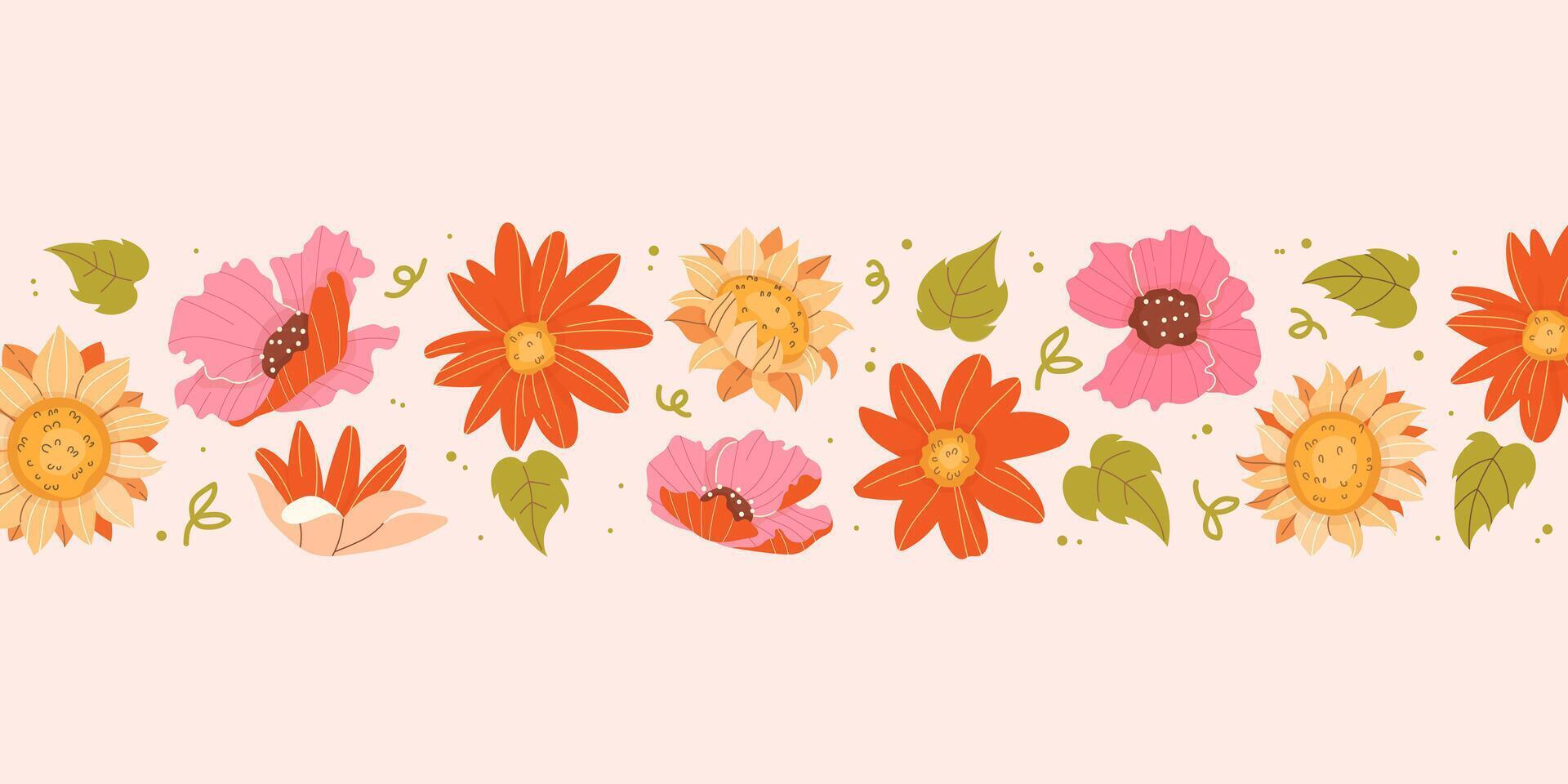Horizontal floral banner with daisies, sunflowers, poppies vector