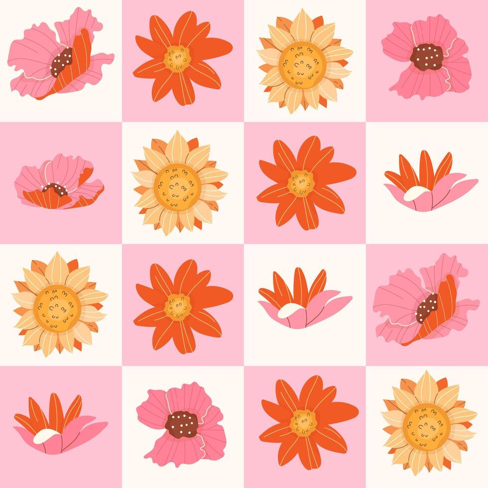 Geometric floral square background with cute flowers vector