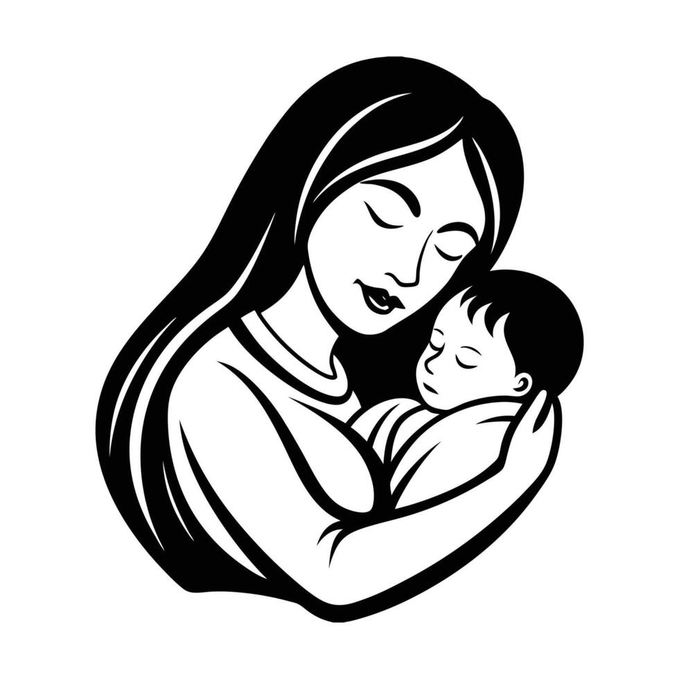 Baby Sleeping on Mother Lap Silhouette Art Illustration, Black Color, White Background vector