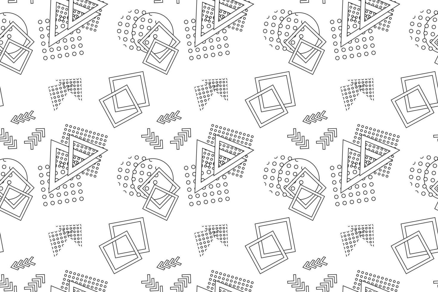 Black-and-white seamless pattern with geometric shapes, including triangles, squares, arrows, and circles. Designed for children s coloring pages or abstract-themed designs. vector