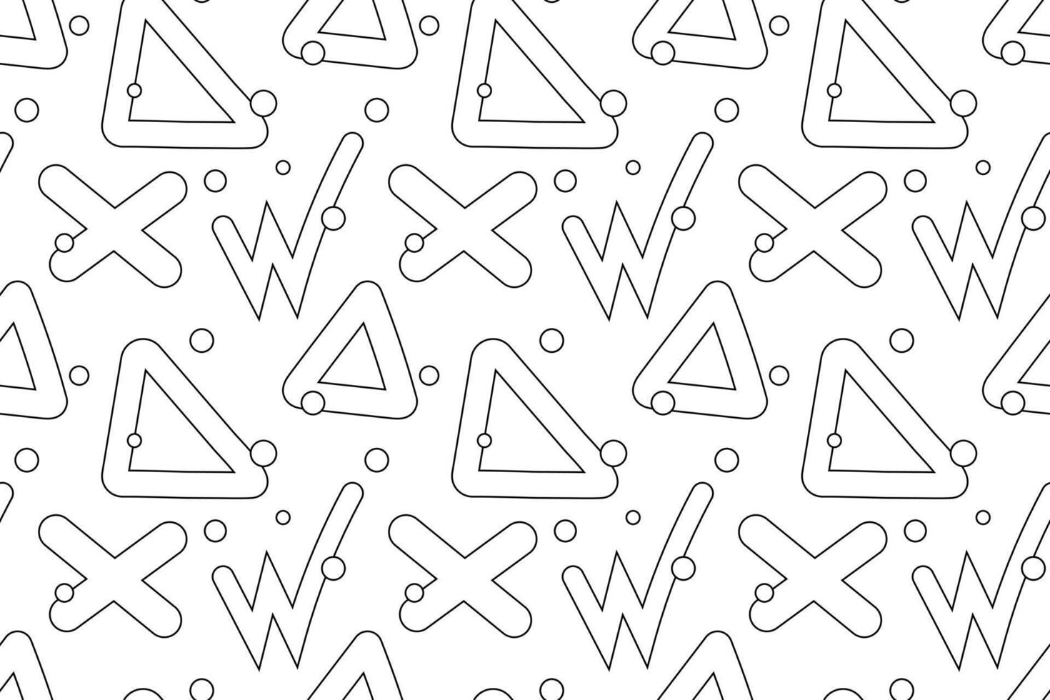 Seamless black and white pattern with triangles, crosses, zigzag lines, and dots. Perfect for coloring pages. vector