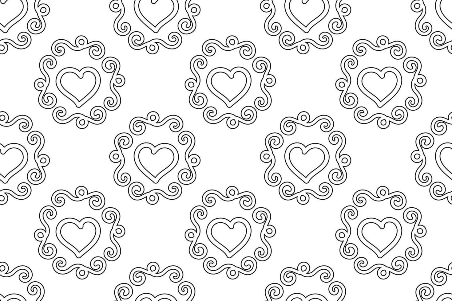 Black and white seamless pattern featuring hearts in decorative frames with swirls. Ideal for coloring pages and crafts. vector