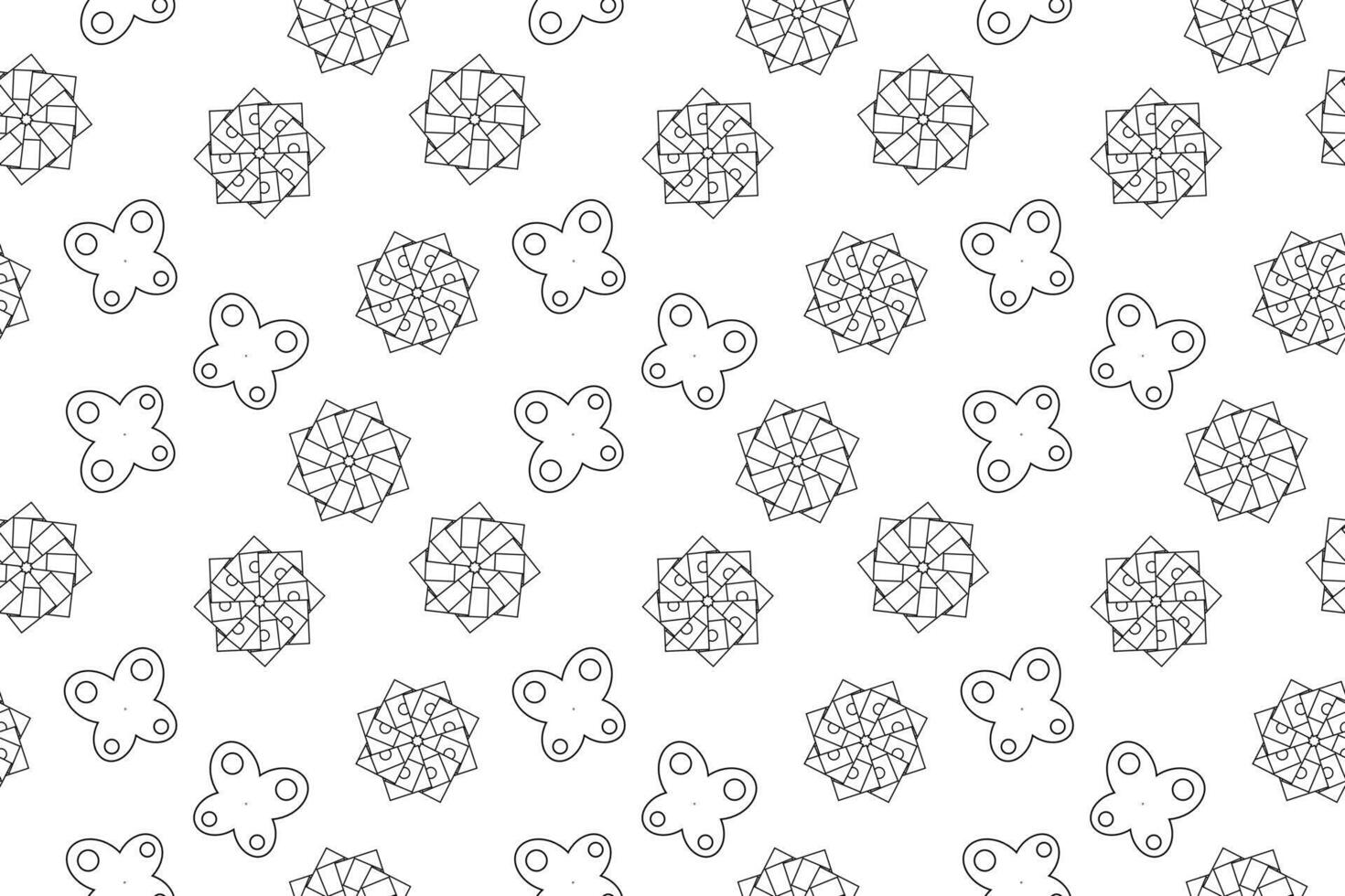 Seamless black and white pattern with butterflies and geometric flower shapes. Ideal for childrens coloring pages. vector