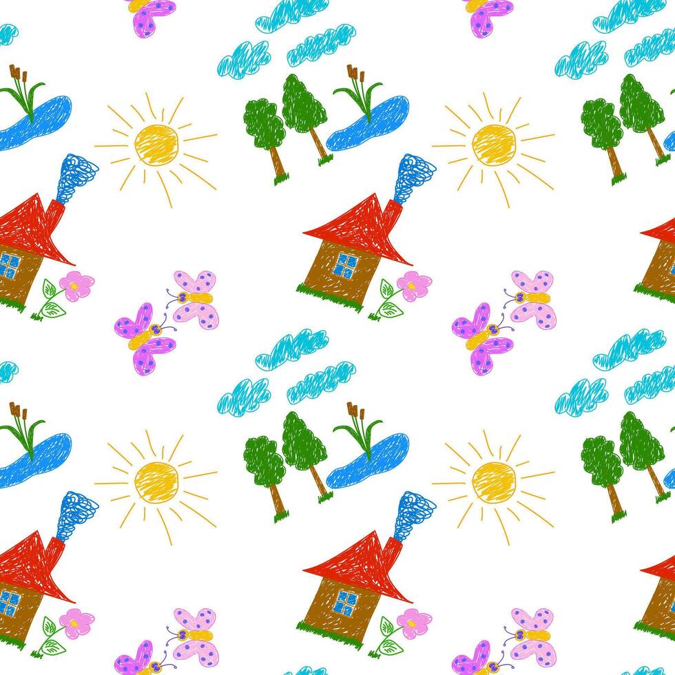 Cheerful doodle-style seamless pattern featuring houses, ponds, trees, clouds, flowers, sun and butterflies. vector
