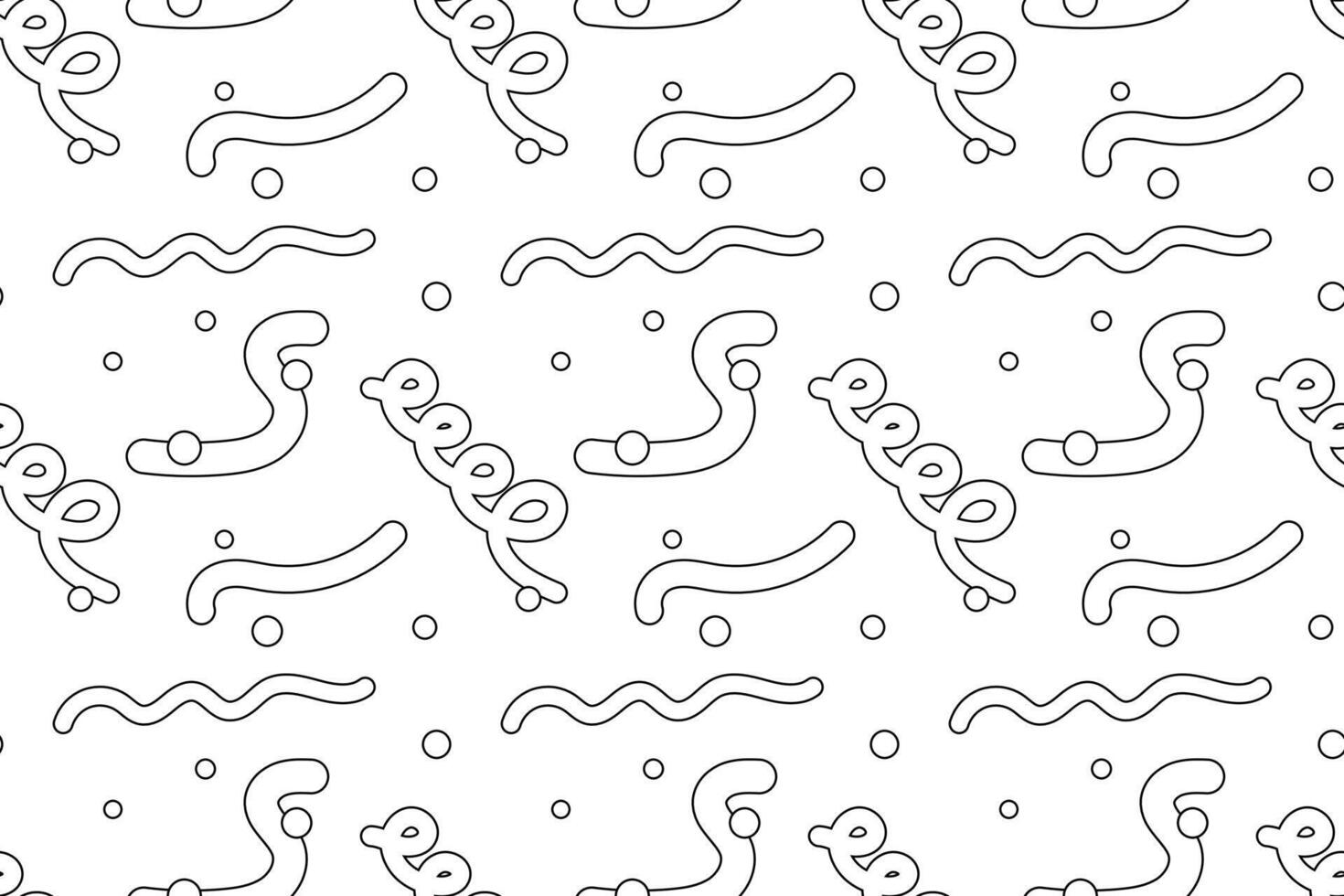 Black and white seamless pattern featuring abstract swirls, wavy lines, and dots. Ideal for childrens coloring pages, backgrounds, and creative designs. vector