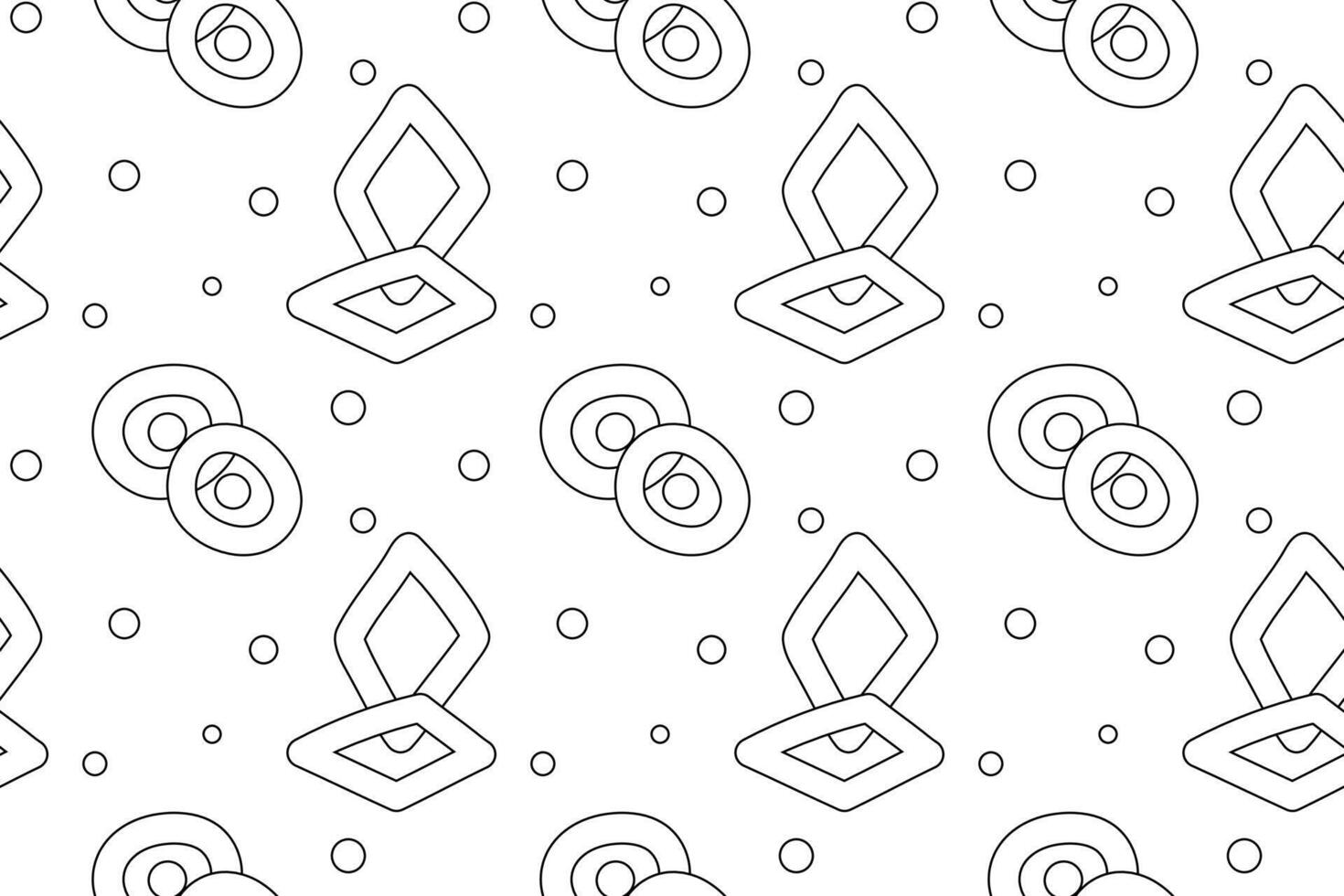 Black and white seamless pattern with geometric shapes like diamonds, circles, and dots. Perfect for coloring pages. vector