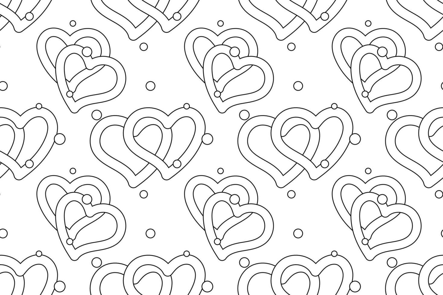 Black-and-white seamless pattern featuring intertwined hearts and scattered dots. Ideal for children s coloring activities or romantic-themed projects. vector