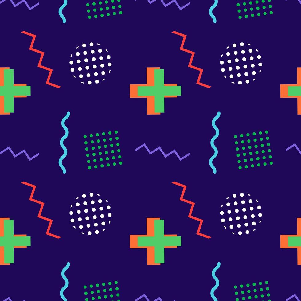 Vibrant seamless geometric pattern featuring colorful crosses, dots, zigzag lines, and abstract shapes on a dark background. vector