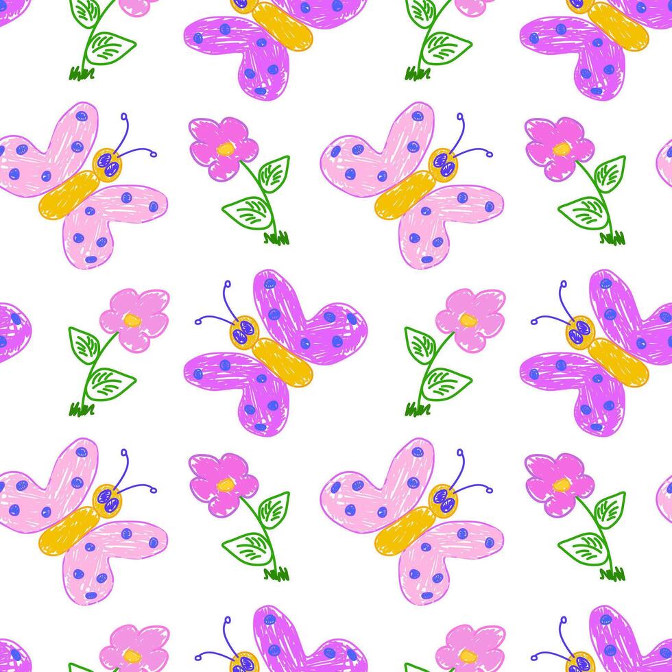 Vibrant seamless pattern featuring hand-drawn pink butterflies and flowers, ideal for playful and cheerful designs. vector