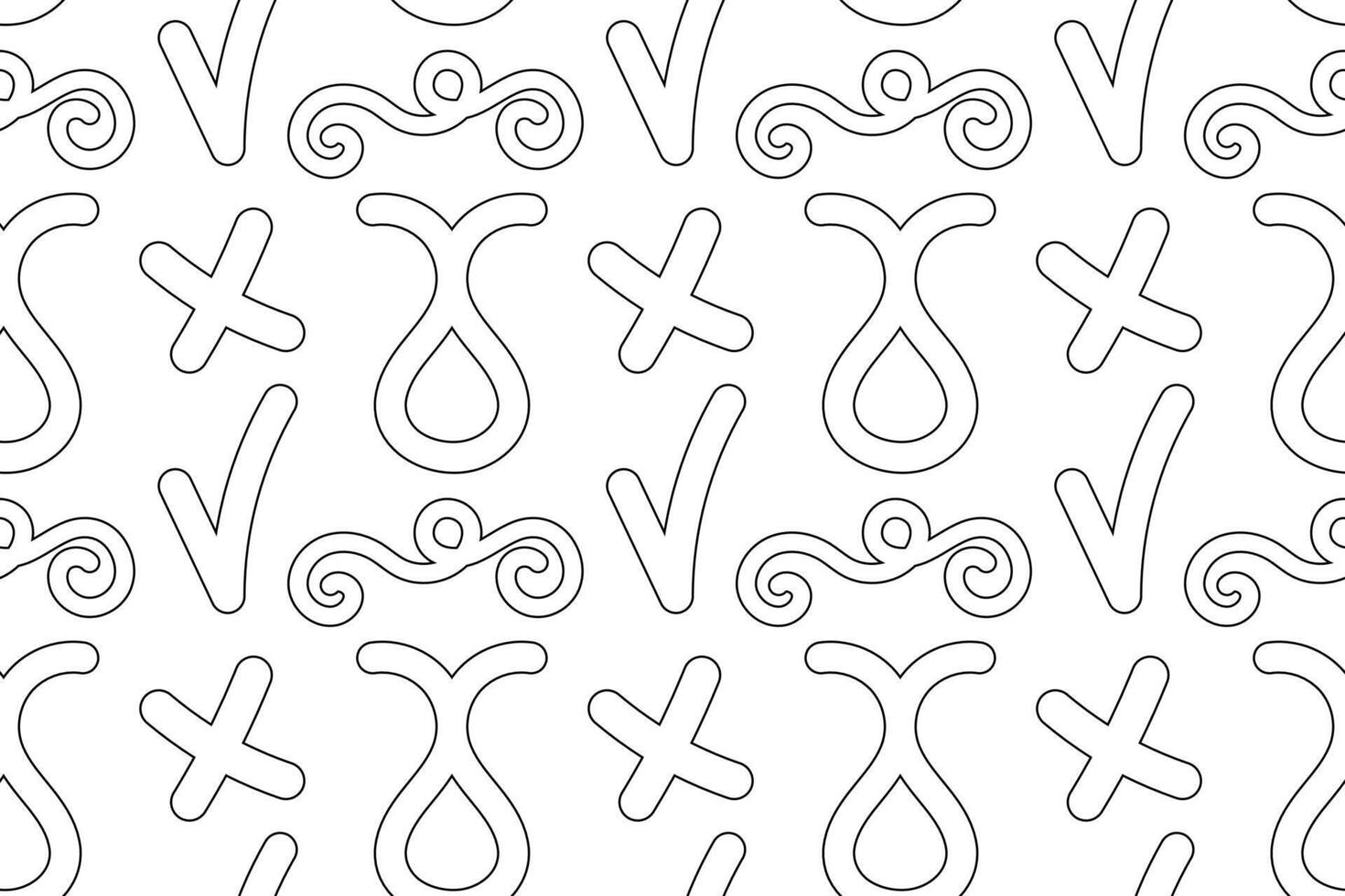 Black and white seamless pattern featuring crosses, swirls, loops, and abstract shapes. Ideal for coloring pages and design projects. vector