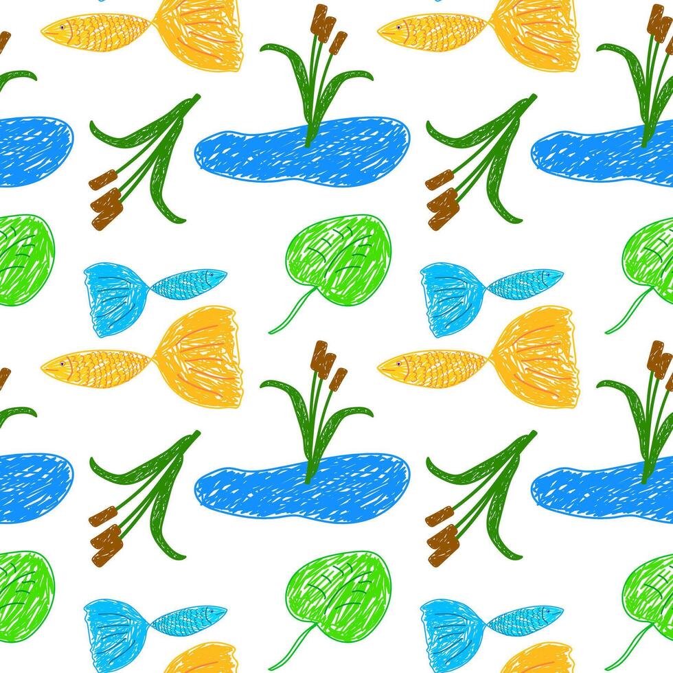 Seamless pattern of hand-drawn ponds, fish, cattails, and water lilies in a colorful, playful design. vector