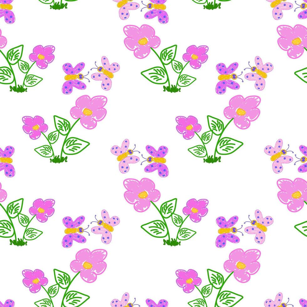 Cheerful seamless pattern featuring hand-drawn pink flowers and colorful butterflies on a white background. vector