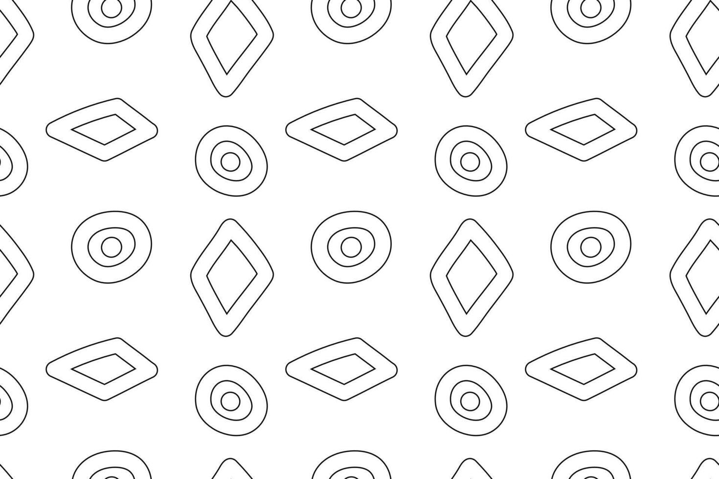 Seamless black and white abstract pattern featuring geometric diamond shapes and circles with dots. Perfect for childrens coloring pages, background designs, and creative projects. vector