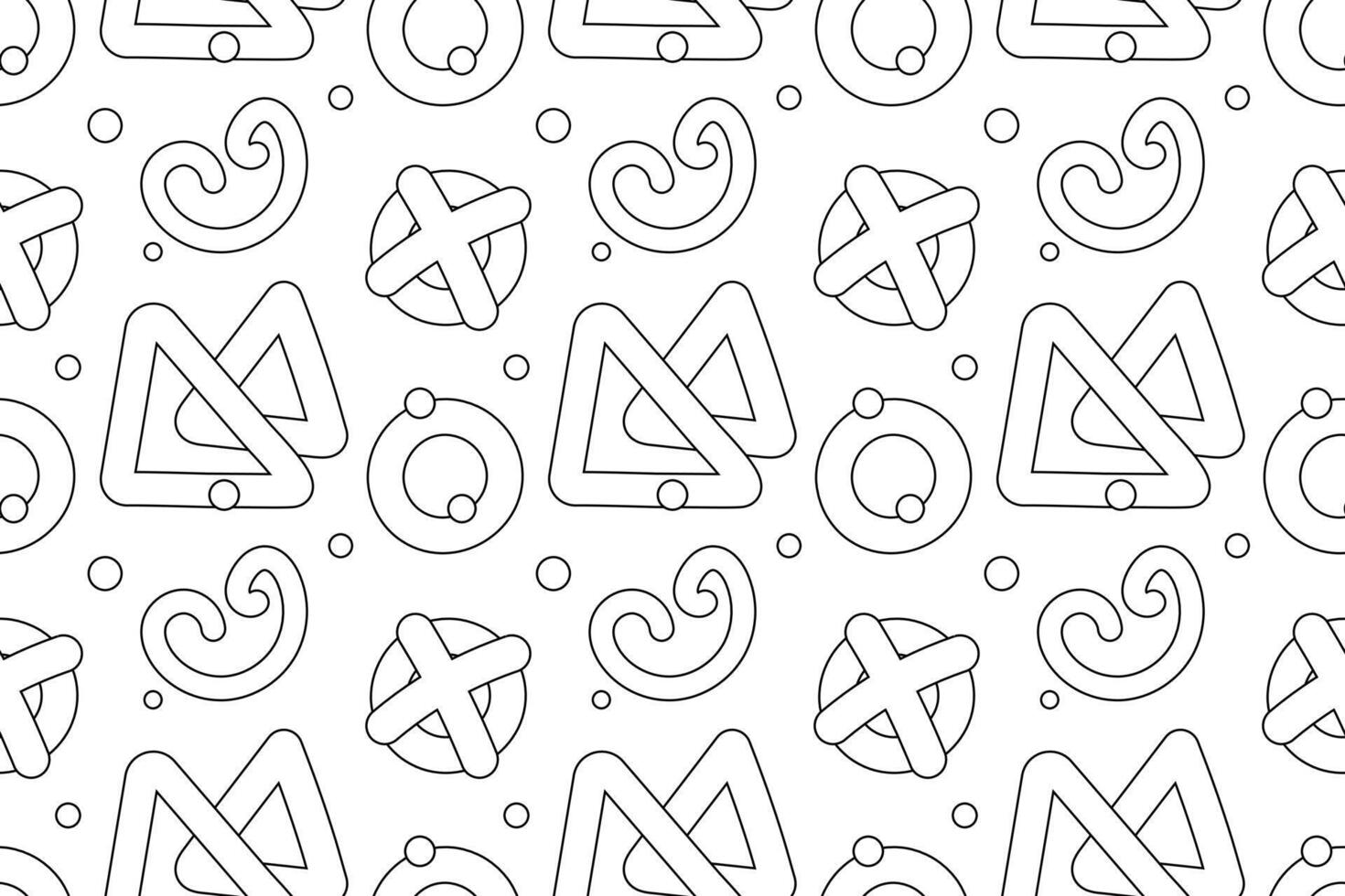 Seamless black and white geometric pattern featuring triangles, circles, crosses, and swirls, ideal for coloring pages and backgrounds. vector