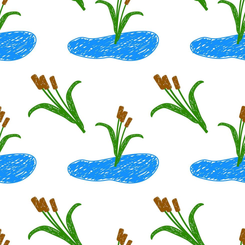 Playful hand-drawn seamless pattern featuring blue ponds and green cattails on a white background. vector