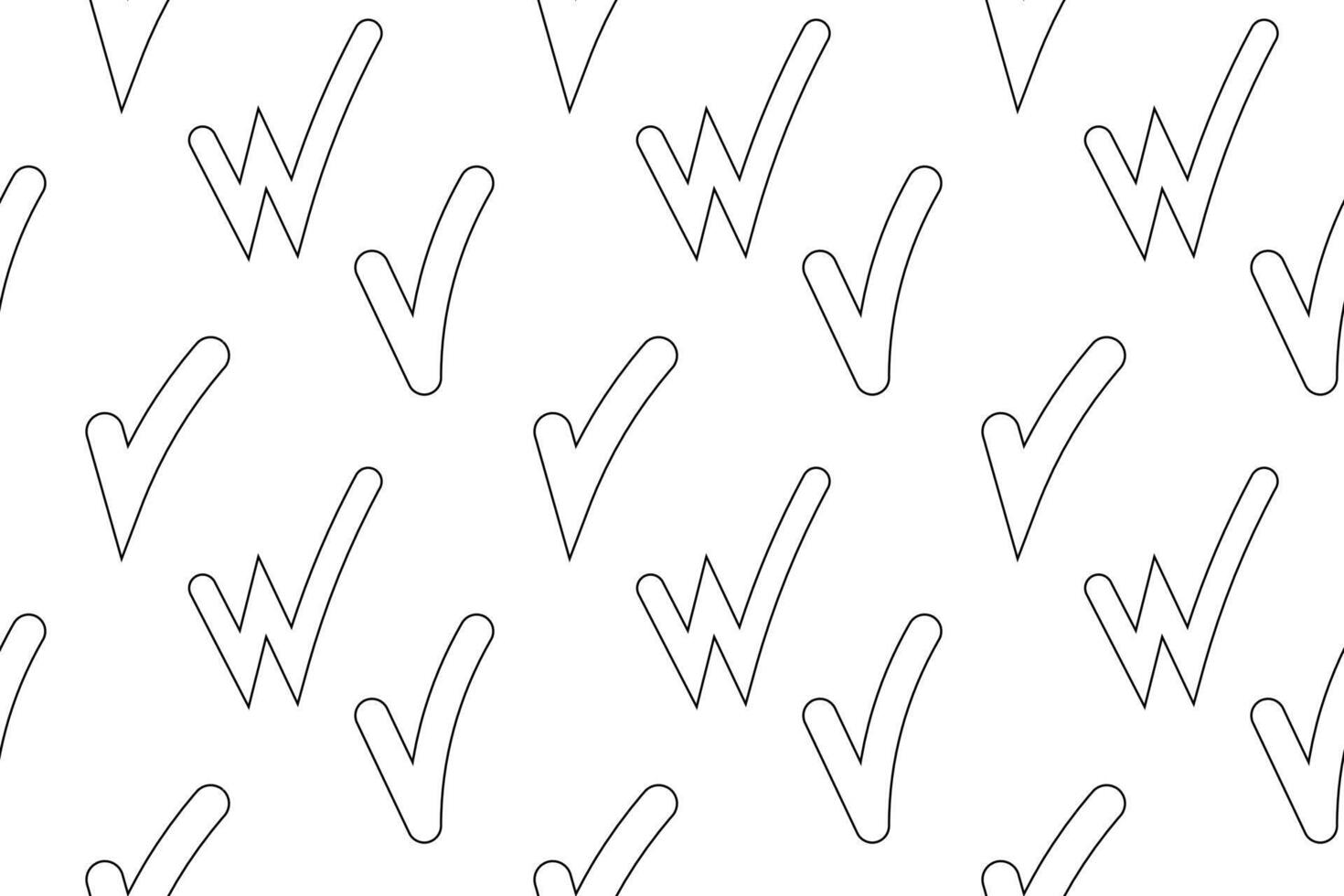 Black and white seamless pattern featuring checkmarks and stylized-W letters for coloring or design purposes. vector