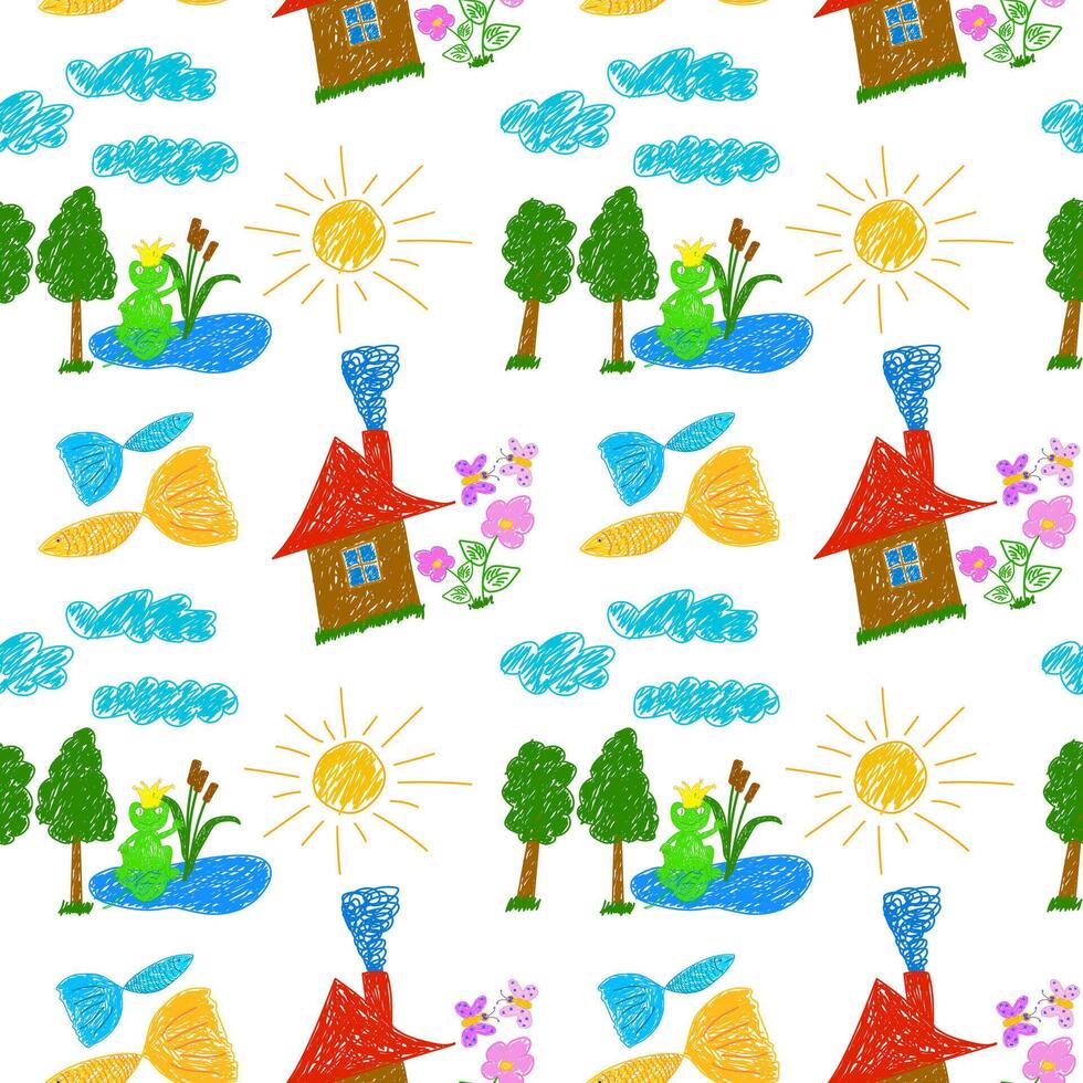 Seamless pattern of a playful hand-drawn landscape featuring a pond with a frog, fish, trees, flowers, houses, and clouds. vector