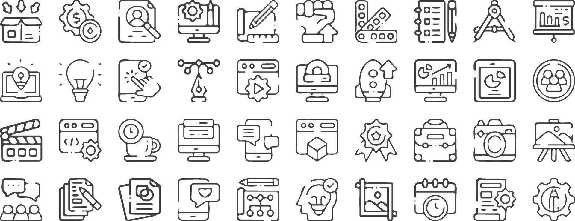 Set of line icons related to creativity, idea, innovation, teamwork, invention. Outline icon collection. Editable stroke. vector