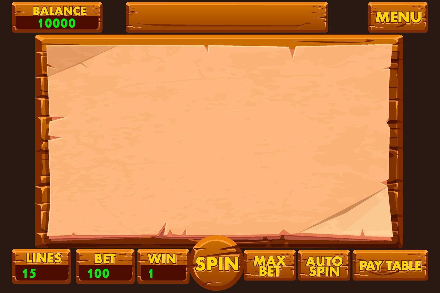 The wooden game user interface is cartoon-style with basic buttons for your Game development. Casino slot machine game UI design. Gambling mobile app concept for the Casino or 2D Game vector