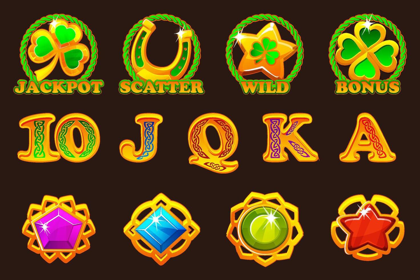 St Patrick day symbols for your game or slots machine. Standard symbols,Wild symbol,Bonus symbol,Scatter symbol, Jackpot symbol and Playing card symbols vector