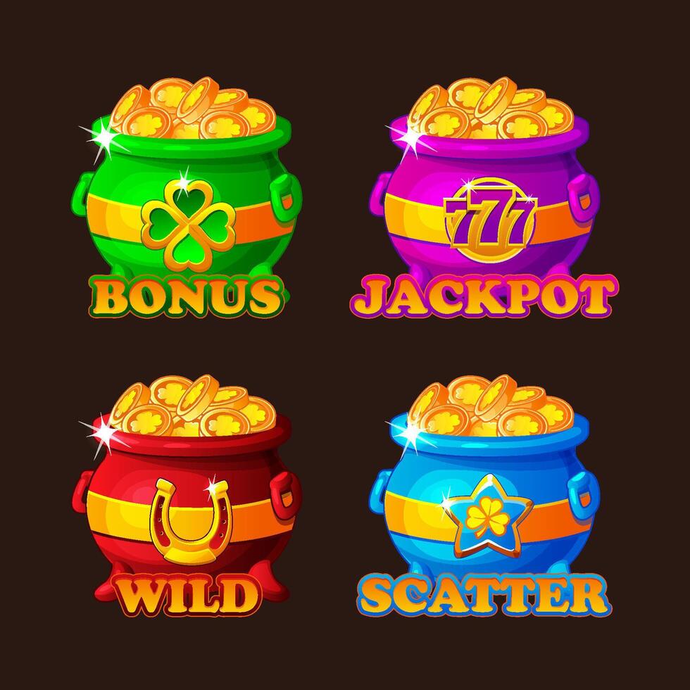 St Patrick day icons- cauldrons with lucky coins for your game or slot. Four magic pots with clover, 777, star and horseshoe. Jackpot,wild, scatter and bonus symbols. vector