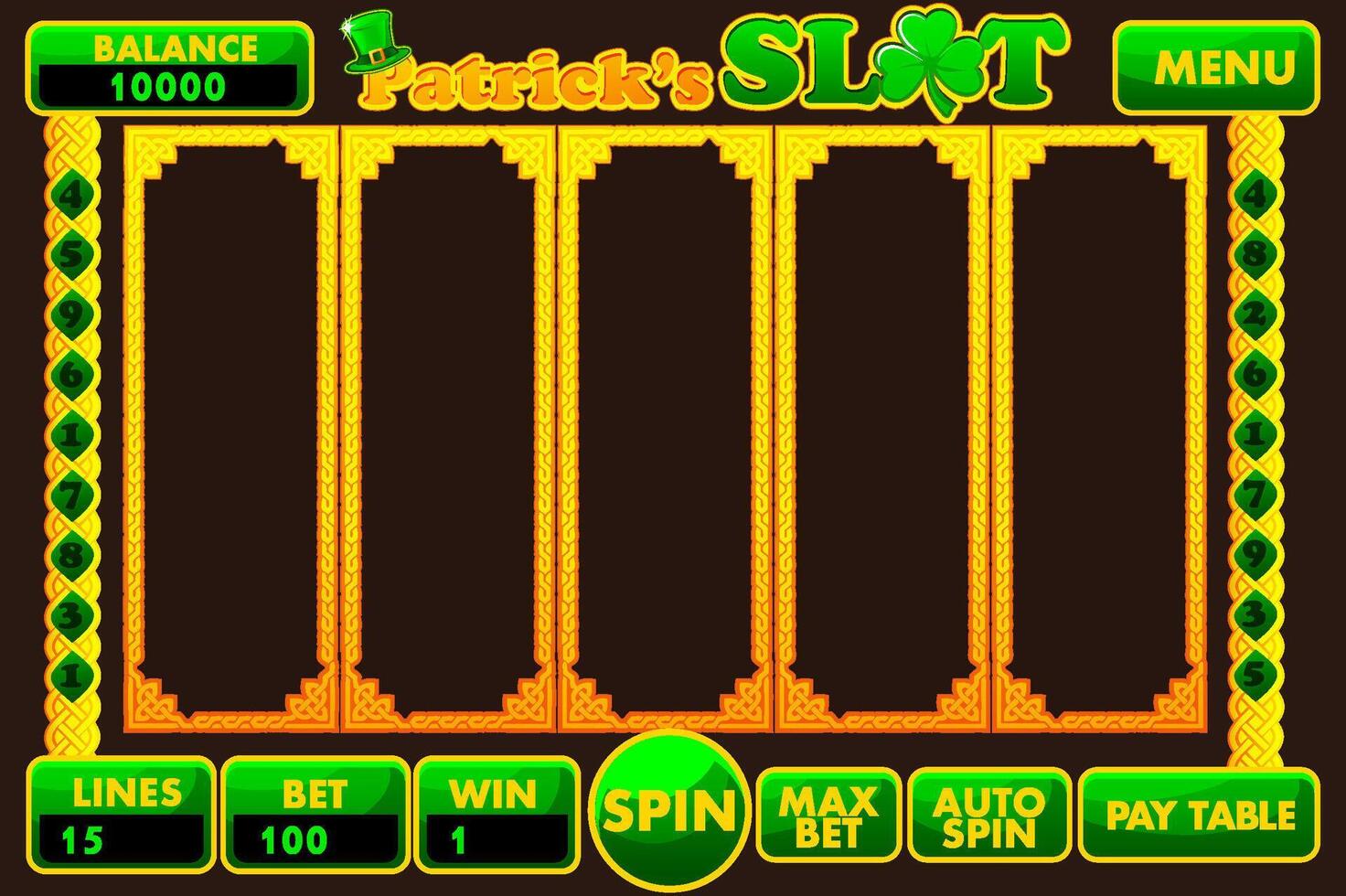 Slot machine UI for Game development. Complete slot menu with empty background and buttons in golden-green colors on the theme of St. Patricks Day. vector