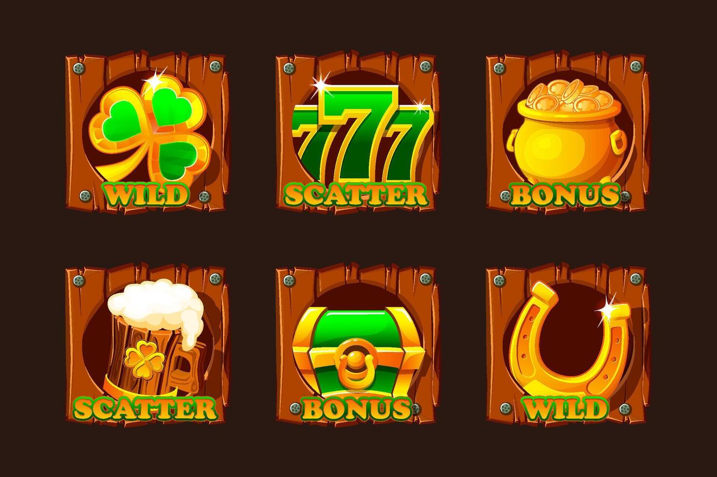 St Patrick day icons on wooden board for your game or slots. Slot symbols- Six icons- clover, 777,cauldron of golden coins, mug of beer, green chest and horseshoe. Wild, scatter and bonus symbols vector