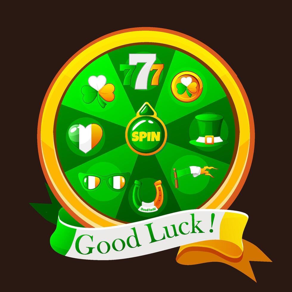 Green Lucky Wheel of Fortune with ribbon of text Good luck and set icons. Spin for St. Patrick Day. Lucky spin. Casino banner design element for UI game vector