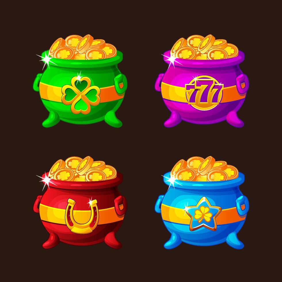 St Patrick day icons- colored cauldrons with lucky coins for your game, slot, greeting card, sticker or print. Four magic pots with clover, 777, star and horseshoe vector
