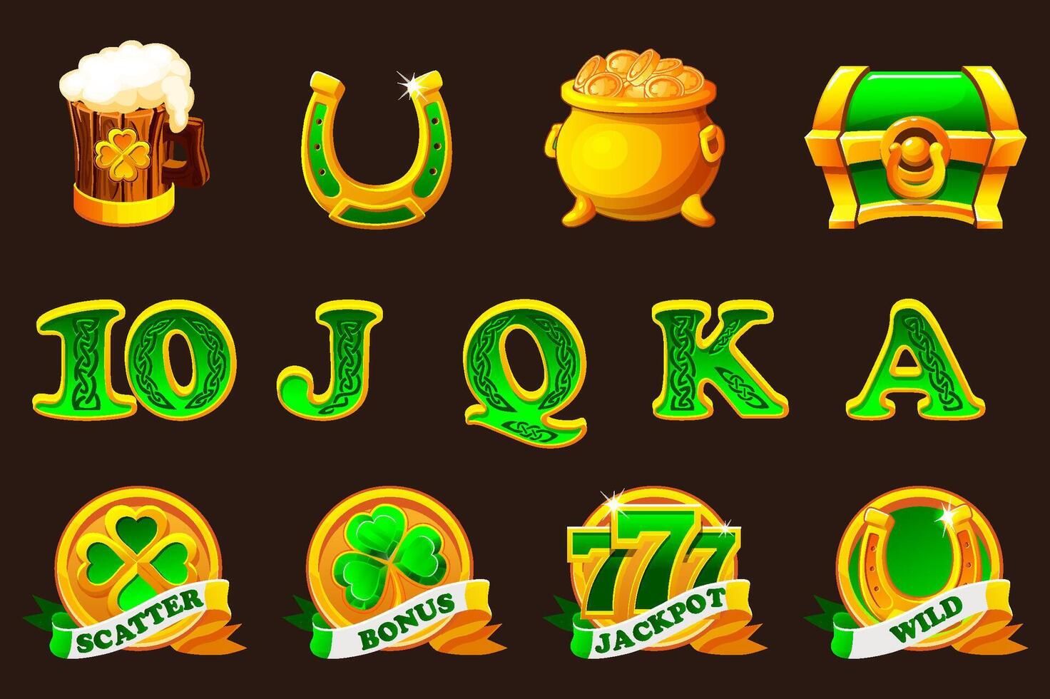 St Patrick day symbols for your game or slots machine. Standard symbols,Wild symbol,Bonus symbol,Scatter symbol, Playing card symbols vector