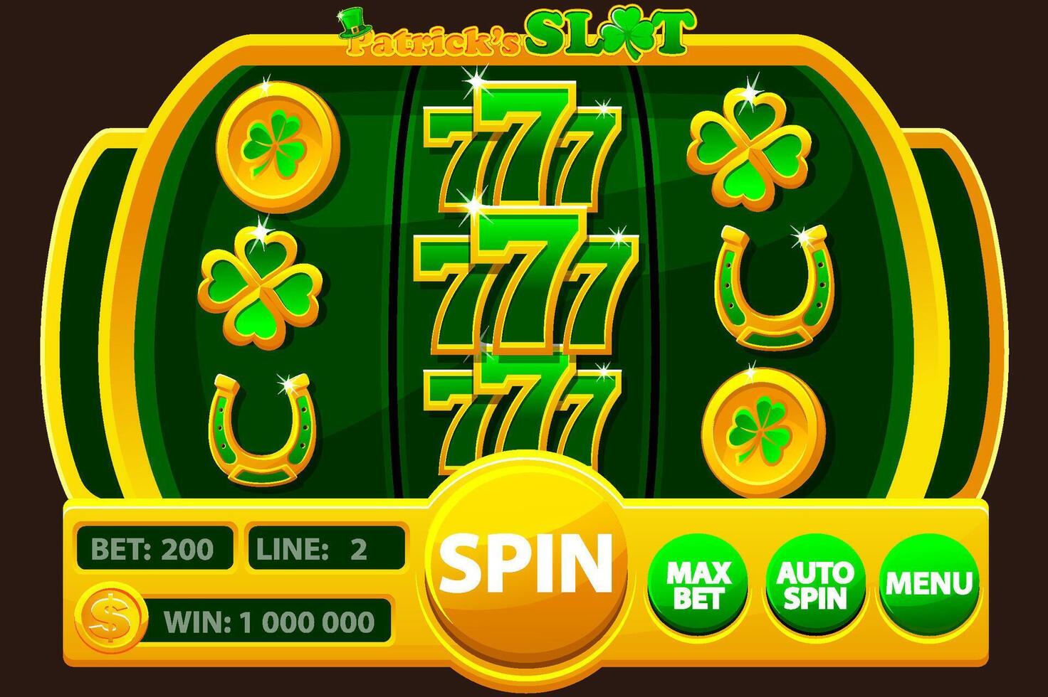 UI game slot machine with buttons and symbols on the theme of St. Patricks Day. Slot symbols- 777, clover, golden lucky coin and horseshoe vector