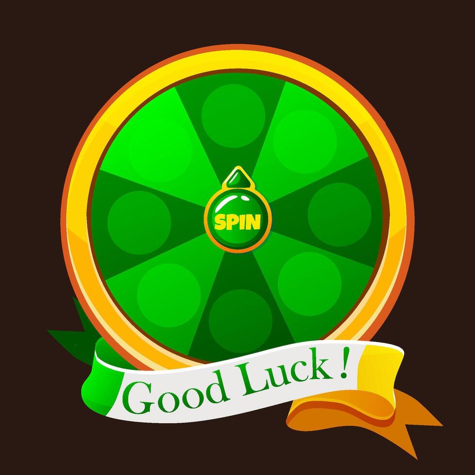 Green Lucky Wheel of Fortune with ribbon of text Good luck. Spin for St. Patrick Day. Lucky spin. Casino banner design element for UI game vector