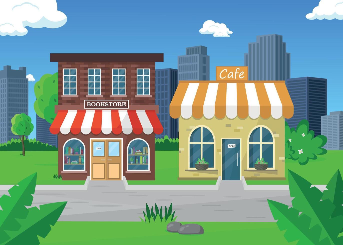 Bookstore and cafe in the city. Buildings in the green part of the city. vector