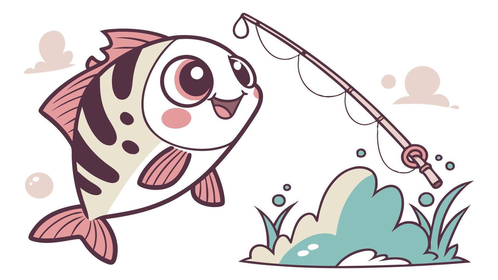A cartoon fish with a fishing rod and a fish hook vector